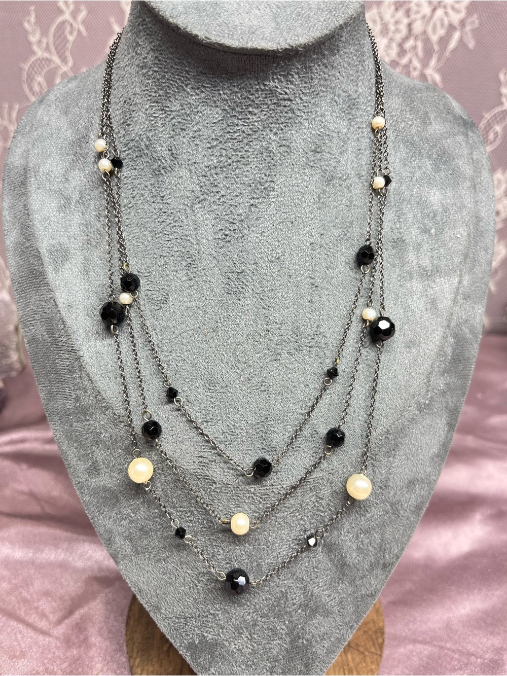 White House Black Market WHBM Necklace Gunmetal Faux Pearl Multi Strand Necklace